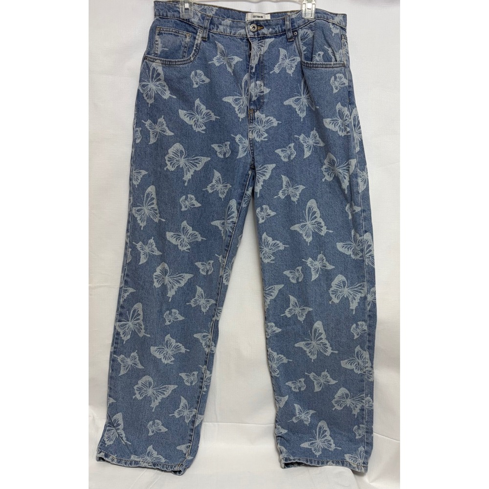 Cotton On Jeans Women 10 Blue Excellent Butterfly Print High Rise Straight Leg